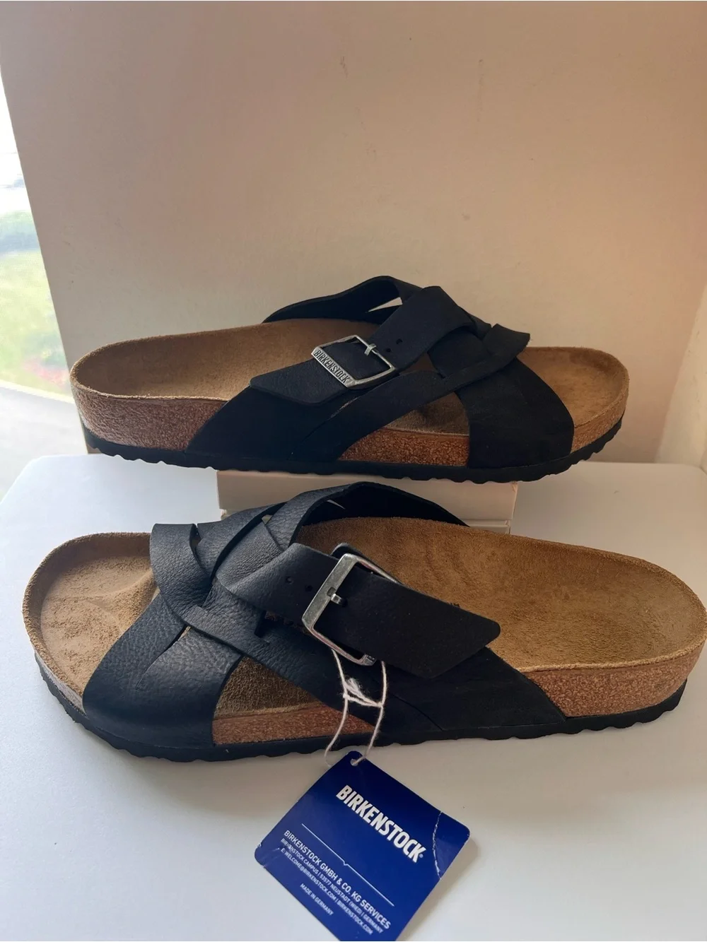 Birkenstock Black Leather Crisscross Slide Sandals